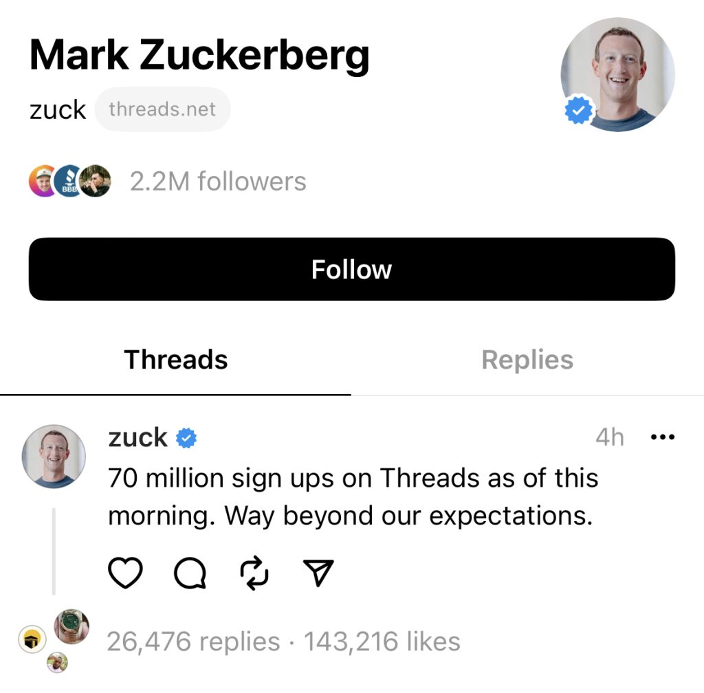 Screenshot of Mark Zuckerberg's thread account: "70 million sign ups on Threads as of this morning" example of UX differences on Threads
