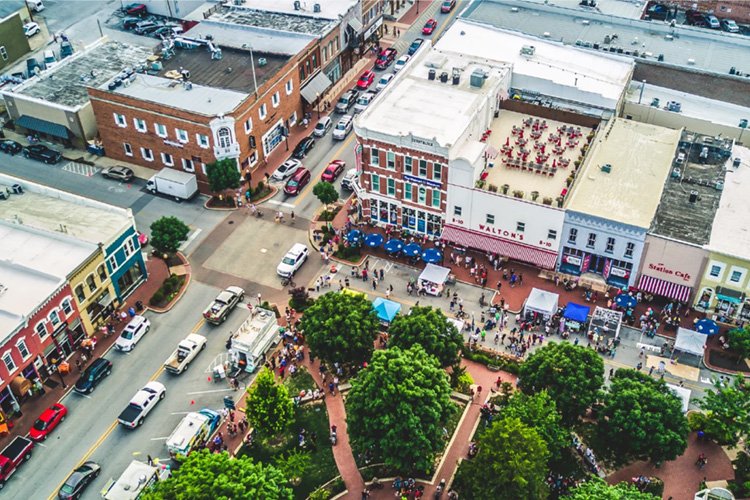 An arial view of downtown Bentonville